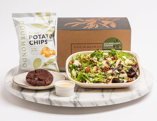 Box lunch: mixed greens salad with candied walnuts, pears, and dried fruit, with chips and cookie on side
