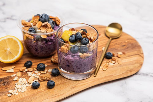 Overnight oats with blueberry, lemon curd, and granola topping