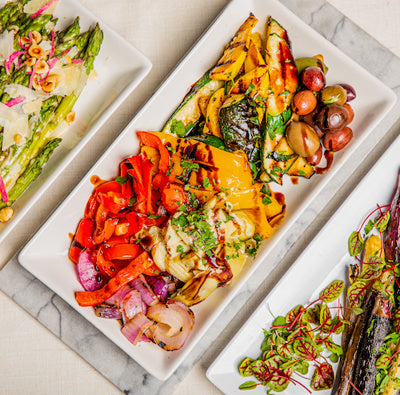 Platter of assorted grilled vegetables with balsamic drizzle