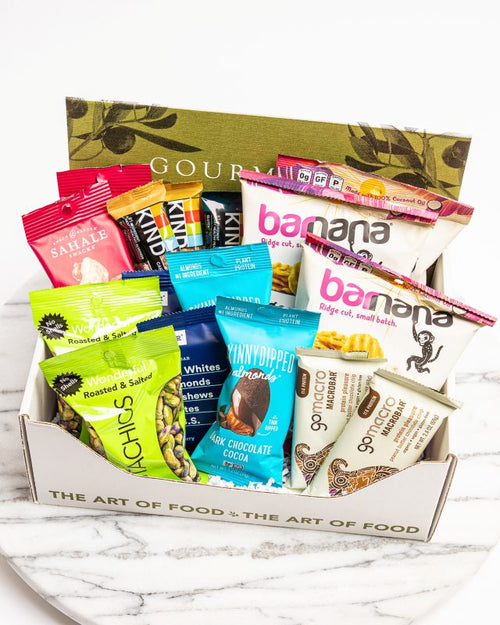 Gourmondo branded box filled with snacks including nuts, bars, and chips