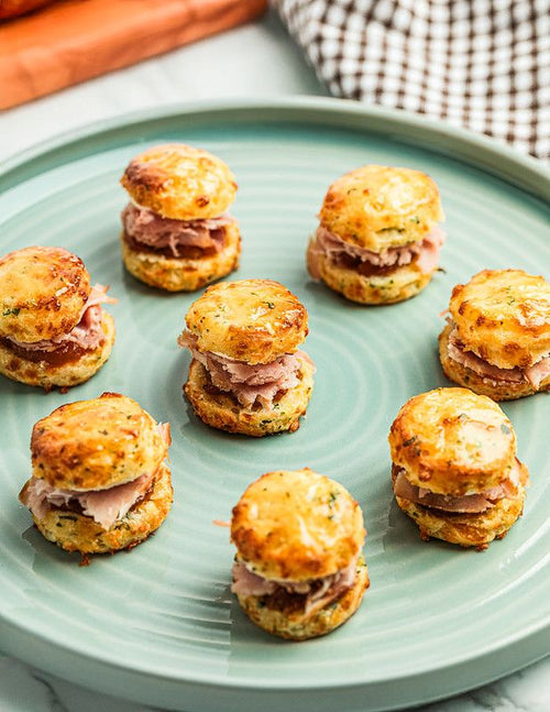 mini biscuit appetizer with ham and cheddar cheese