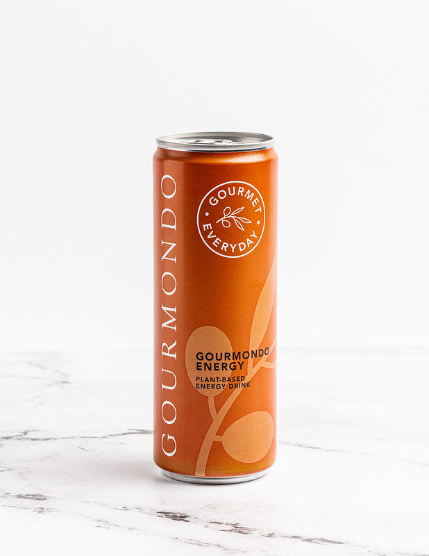 Can of Gourmondo branded plant-based energy drink