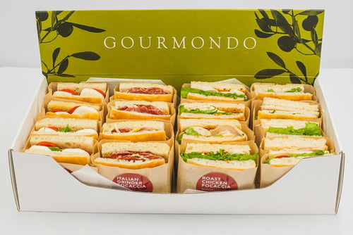 Assorted gourmet sandwich box from Gourmondo with and focaccia sandwiches, packaged for corporate catering, meetings, and events.