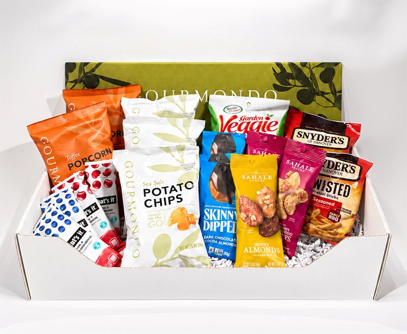 Gourmondo branded box featuring snacks like popcorn, chips, and nuts