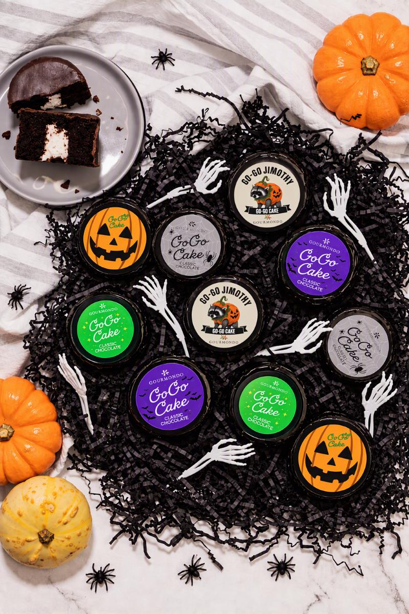Gourmondo Halloween chocolate Go-Go Cakes with colorful seasonal stickers and Jimothy raccoon design, available from Seattle catering company Gourmondo.