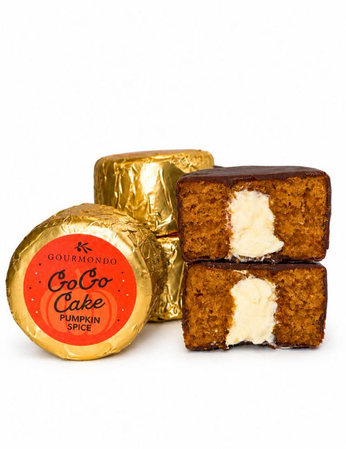 Gourmondo Pumpkin Spice Go Go Cake, chocolate-covered pumpkin spice cake with creamy filling and gold foil packaging