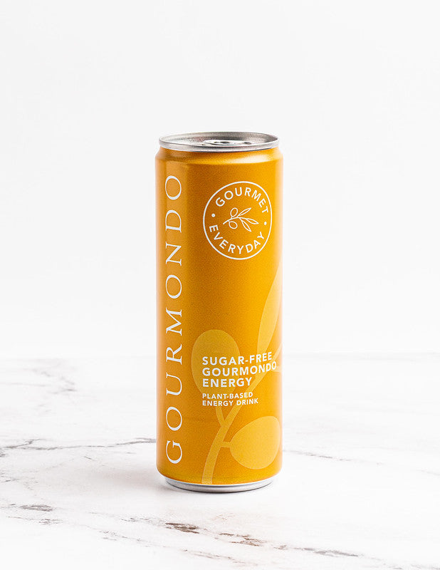Can of Gourmondo branded sugar free plant-based energy drink