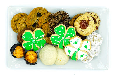 Platter of assorted cookies, highlighting shamrock-shaped sugar cookies 