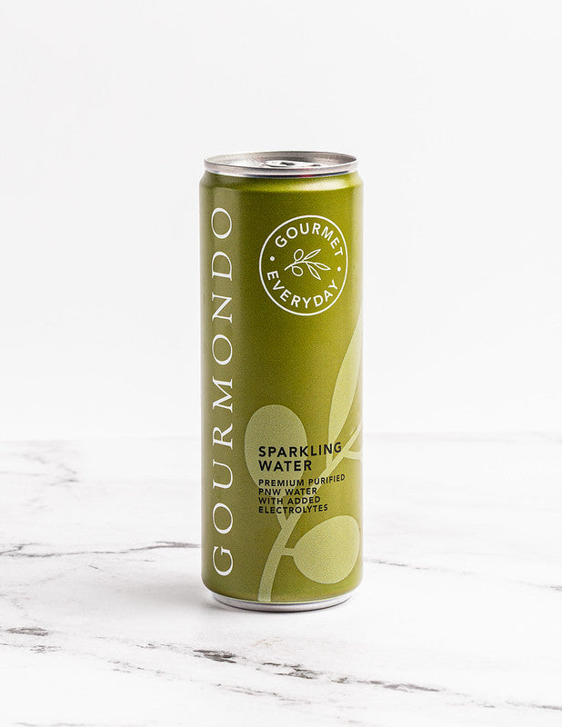 Can of Gourmondo branded sparkling water with added electrolytes