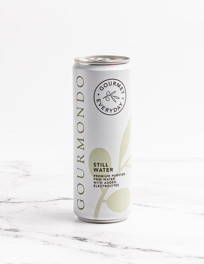Can of Gourmondo branded still water with added electrolytes