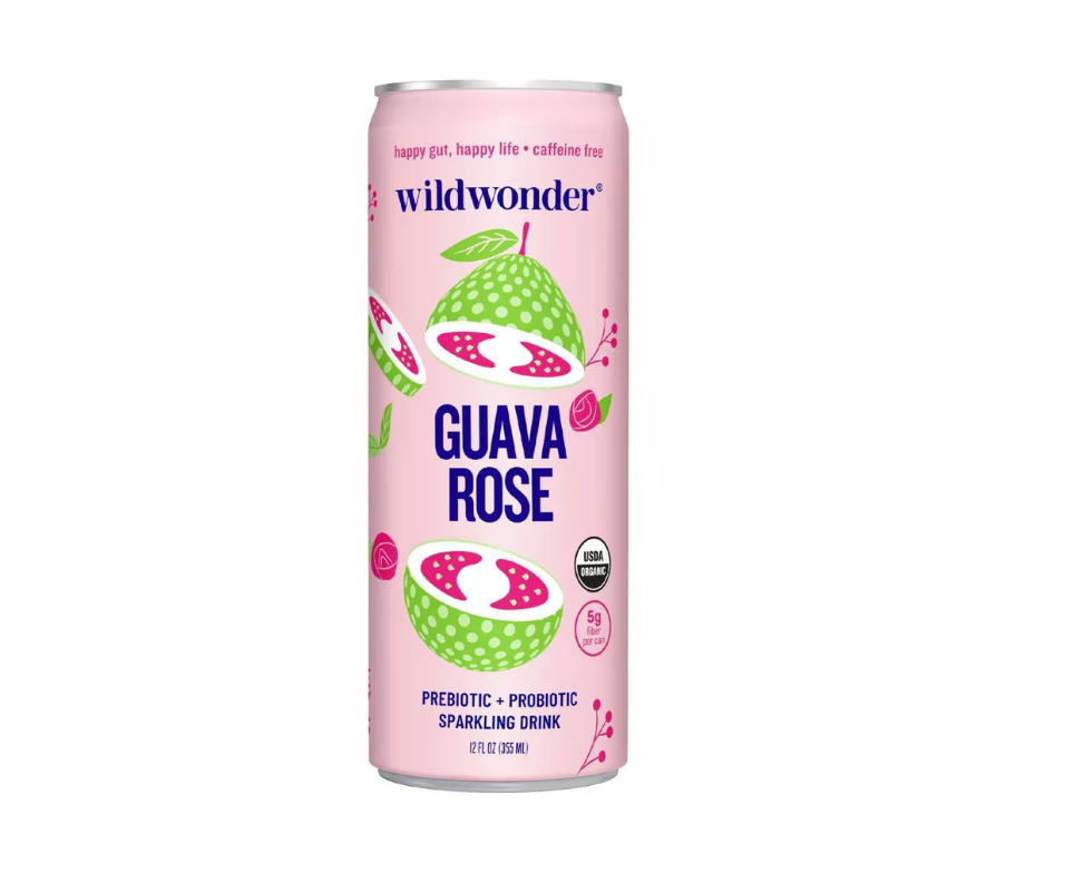 Pink can of wildwonder Guava Rose sparkling drink on a white background