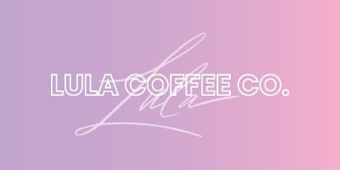 white Logo for Lula Coffee Co on pink and purple gradient background